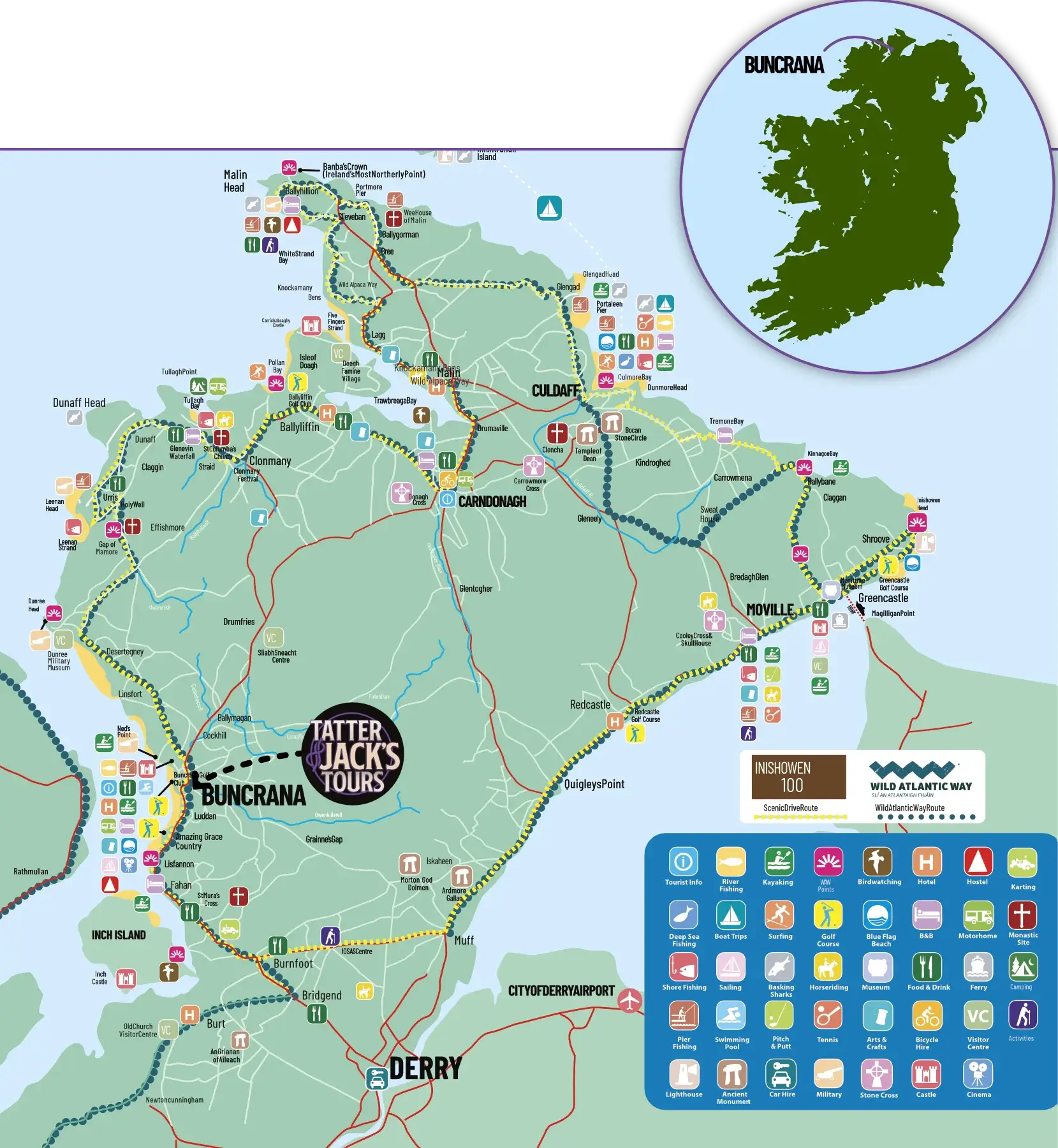 Map of Inishowen showing that Tatter Jacks are located in Buncrana